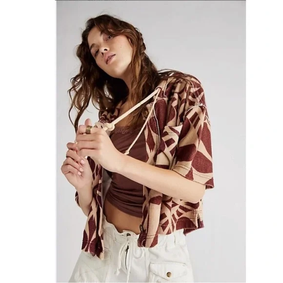 Free People We The Free Terry Cardi Hoodie Pullover Top Printed Slouchy xl - Picture 2 of 6